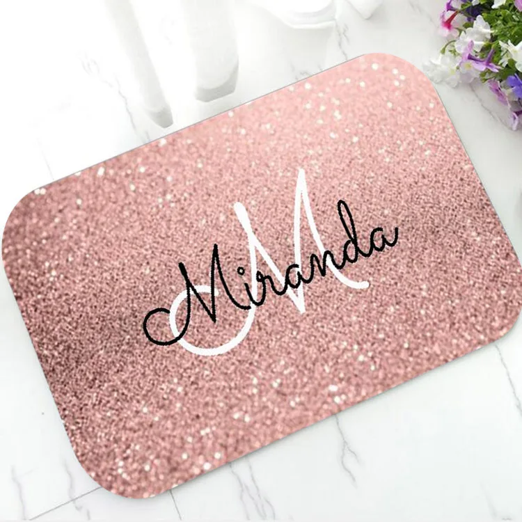 Elegant Rose Gold Glitter Bathroom Home Decor Sparkle Personalised Monogram Name Initial Letter Door Mat Rug Carpet Doormat Gift