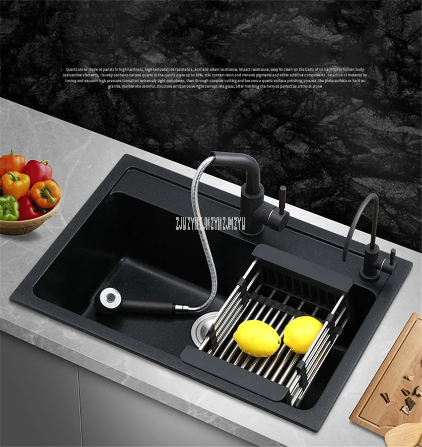 

Single Slot Home Thickened Kitchen Quartz Sink Matte Finish Round Corner Vegetable Washing Basin Multifunctional With Faucet