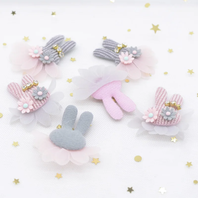 10Pcs Plush Rabbit Flower Rhinestone Applique for DIY Clothes Hat Headwear Patch Sewing Crafts Gloves Leggings Socks Decor