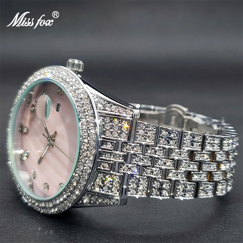 Relogio Feminino MISSFOX Elegant Diamond Bling Pink Watch For Women Geneva Luxury Unique Pearl Dial Dress Watches Dropshipping