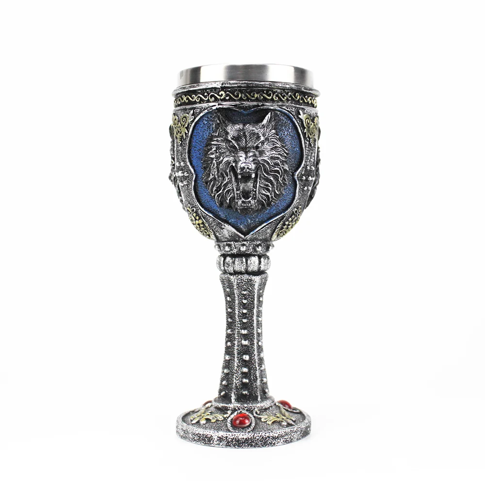 Resin Wolf Head Wine Goblet Wine Glass Stainless Steel Medieval 3D-Goblet for Men Father's Day Gifts & Halloween