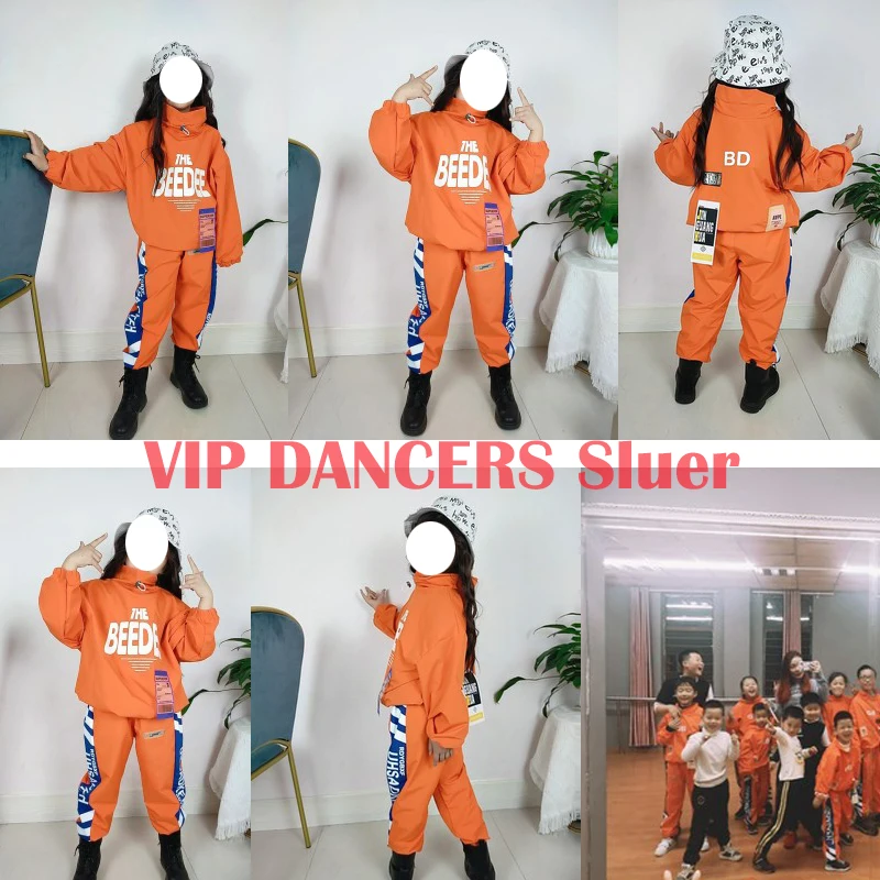 Children Hip Hop Dance Costumes For Kids Orange Jacket Hiphop Suit Girls Jazz Street Dance Wear Outfits Rave Clothes DQS6668