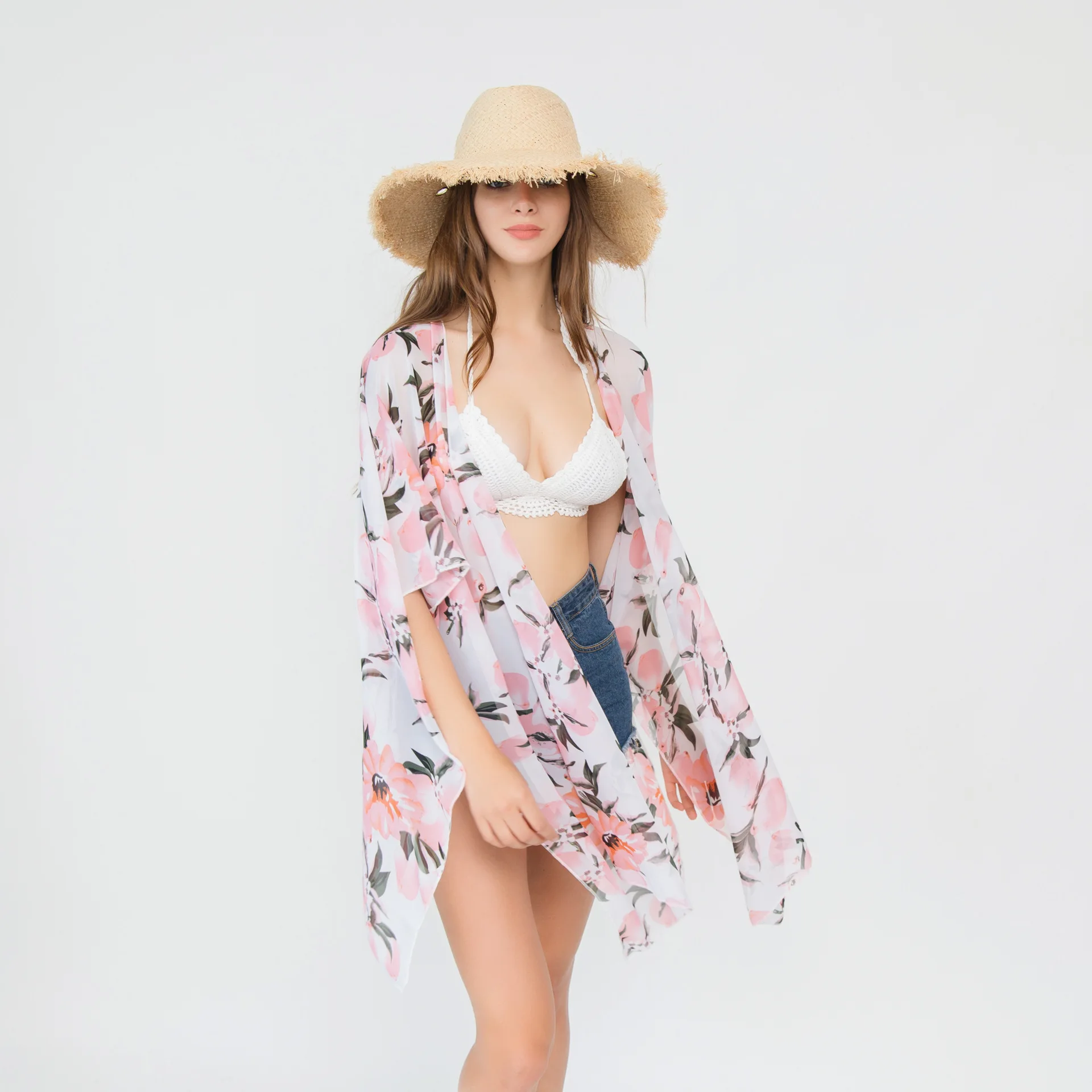 Women Fashion Summer Swimsuit Cover Up Printed Open-Front Kimono Casual Cardigan With Vintage Loose Swim Suite Beach Skirts