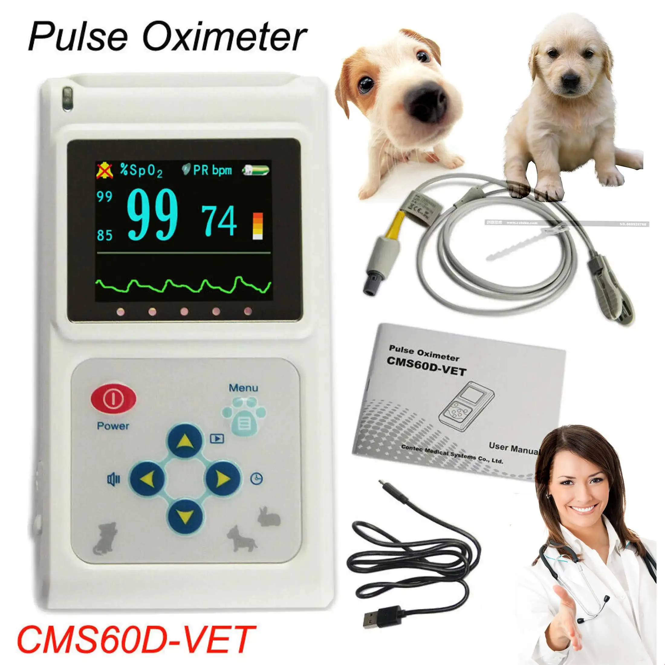 Ветеринарный пульсоксиметр CONTEC CMS60D-VET с датчиками SpO2 для языка и уха животных, в комплекте с программным обеспечением