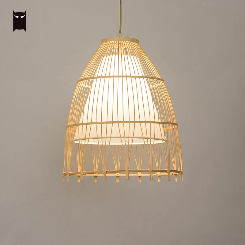 Bamboo Wicker Rattan Fabric Shade Braid Pendant Light Fixture Japanese Rustic Minimalist Art Hanging Lamp Home Lighting Designer