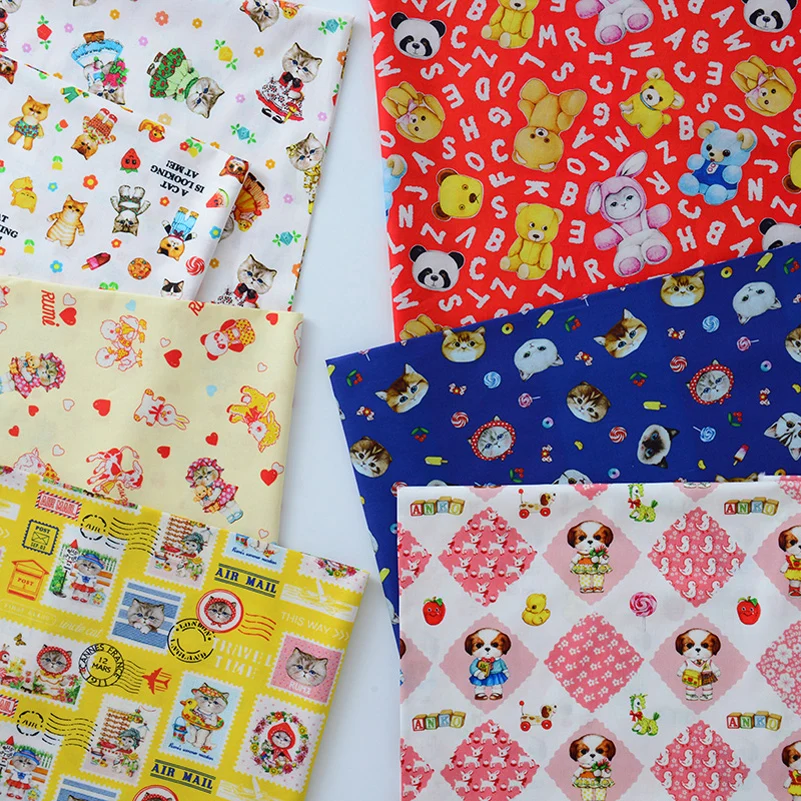 Cat Dog Cartoon Digital Printed Cotton Fabric For DIY Handmade Dolls Clothes Handbag By Half Meter