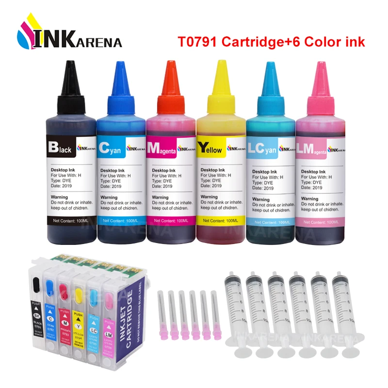 

INKARENA T0791 Refillable Ink Cartridges Compatible For Epson Stylus Photo 1400 1500W P50 Artisan 1430 + 6×100ml Printer Ink