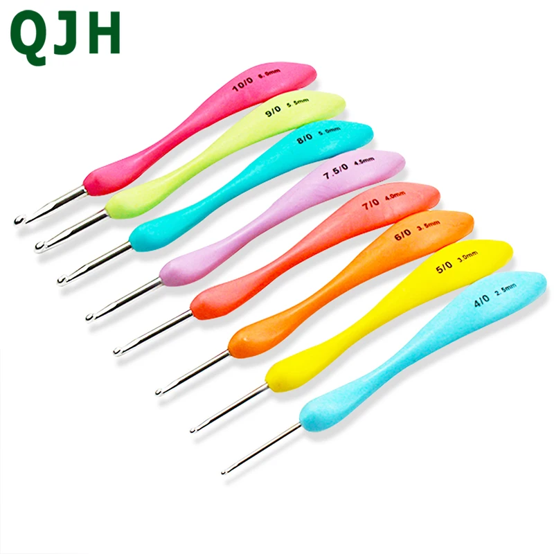 

QJH 8pcs/set Mixed Metal Hook Crochet Template Kit TPR Aluminum Knitting Needles for Loom Tool Band DIY Crafts