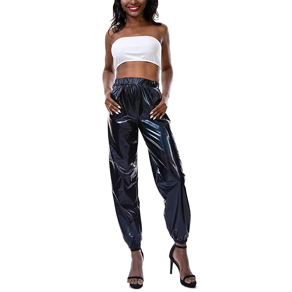 Metallic Shiny Jogger Pants Women Harem Hip Hop High Waisted Glittening Streetwear Elastic Trousers