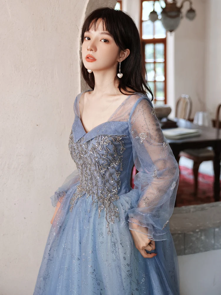 Long Sleeve Blue Evening Dresses For Wedding Party Luxury Appliques A-Line Floor-Length Fancy Tulle Women Formal Gowns