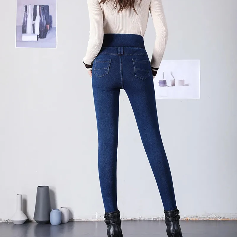 Winter Blue Plus Velvet Warm Jeans Women Vintage Elastic High Waist Thick Vaqueros Mom Skinny Pants Casual Fleece Denim Trousers