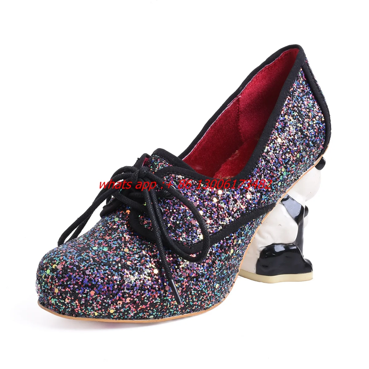 sweet cute Round toe mother child panda heel platform lace up shoes sequins platform panda heel shoes