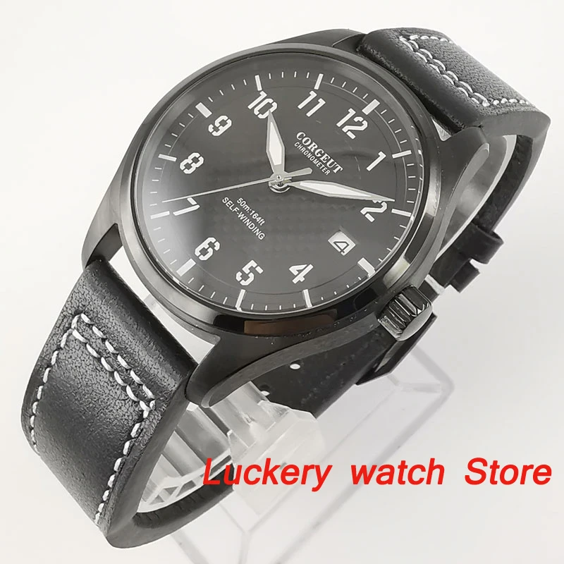 

Corgeut 40mm Men watch black dial date window black steel case leather strap NH35 self-winding movement luxury watches