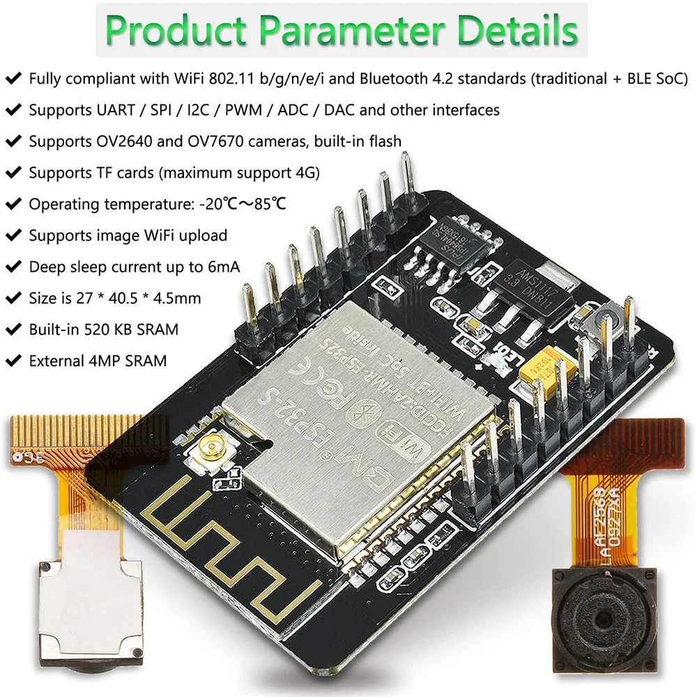 Módulo de cámara ESP32-CAM ESP32-S OV2640, placa de cámara de 2MP, inalámbrica, WiFi, Bluetooth, ranura para tarjeta TF para Arduino Raspberry Pi