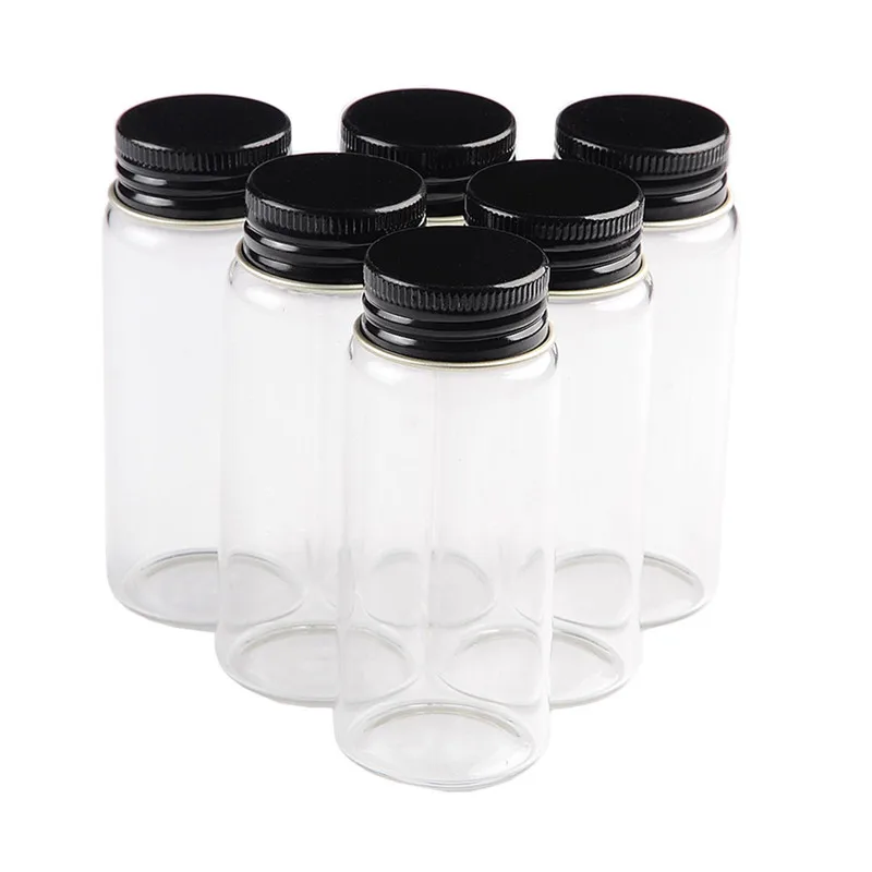 20 pcs 37x90x24mm Screw Mouth Glass Bottles With Black Aluminum Cap DIY 65ml Clear Transparent Empty Glass Jars Containers