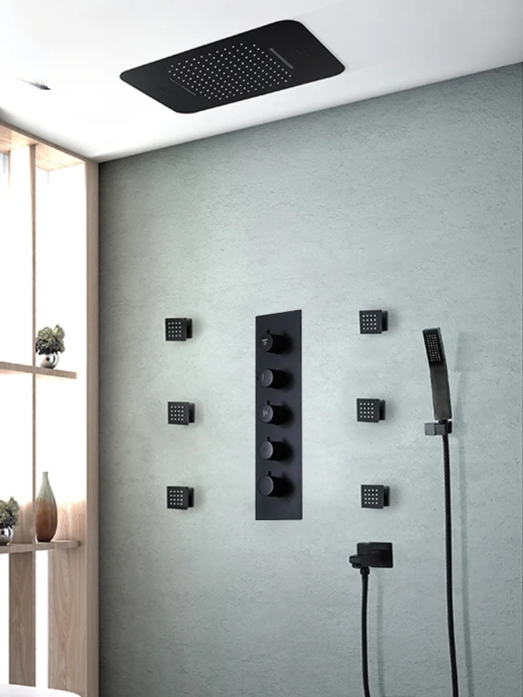 

Thermostatic Rain Shower System Ceiling Waterfall ShowerHeads Bathroom Faucets Stainless Steel Shower Panel Matte Black