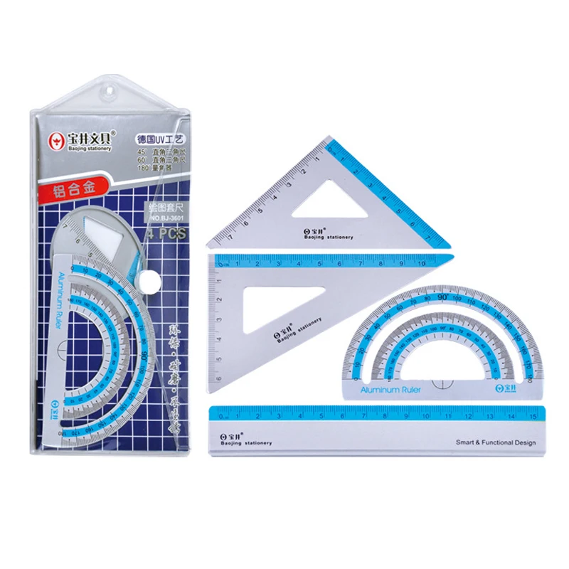 4 pcs/set Aluminum Alloy Rulers Multifunction School Office Drawing Measurement Geometry Triangle Protractor Ruler Stationery