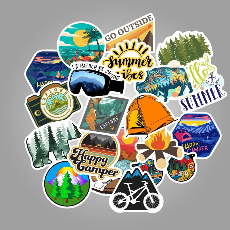 50Pcs Adventure Camping Stickers Outdoor Landscape Climbing Travel Waterproof Sticker for Luggage Suitcase Bicycle Decor