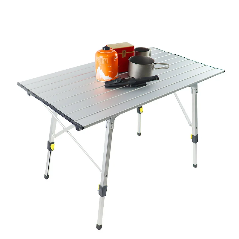 Outdoor Folding Portable Picnic Camping Table with Aluminum Legs Adjustable Height Roll Up Table Top Mesh Layer