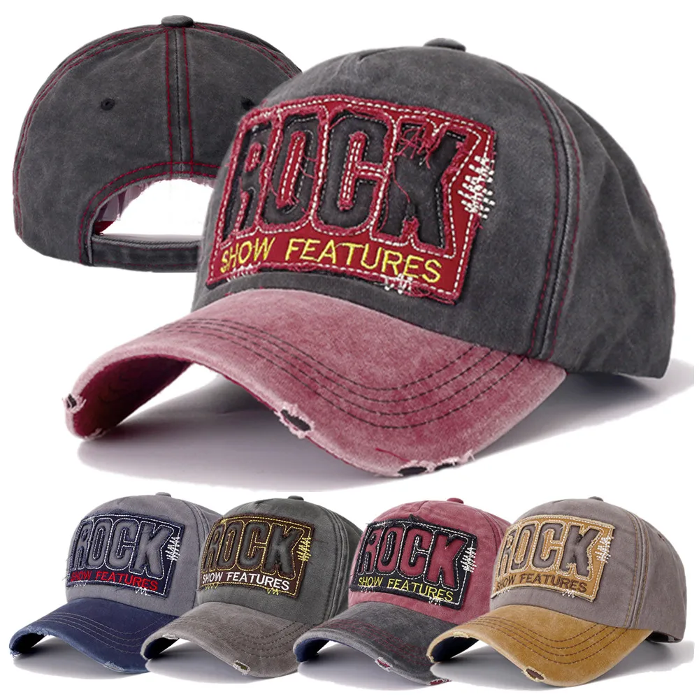 

New Unisex Washed Cotton Retro Cap 3D ROCK Patch Embroidered Baseball Cap Men Women Casual Adjustable Outdoor Trucker Hats Gorra