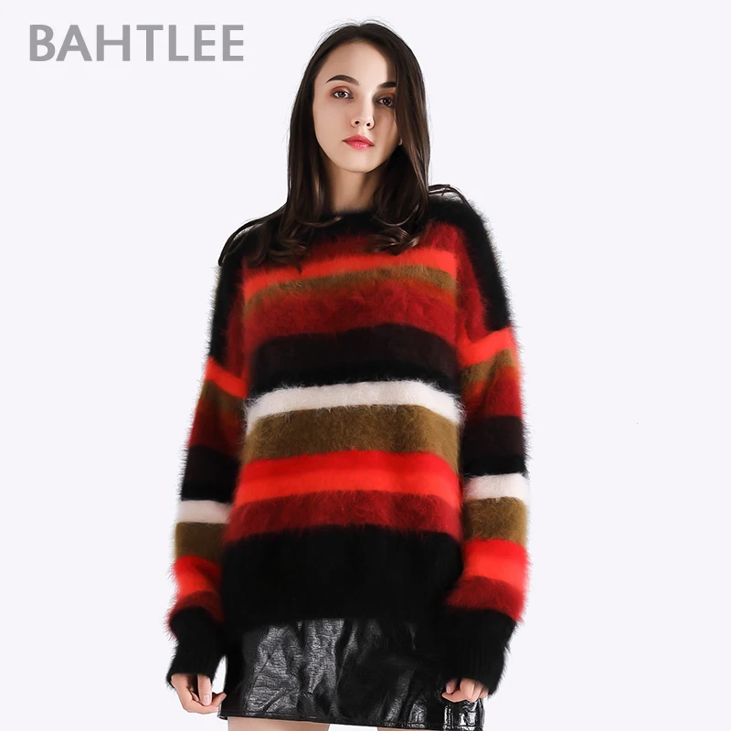 BAHTLEE-Women's Angora Rabbit Pullovers, Knitted Sweater, Loose Rainbow, Keep Warm, Autumn, Winter