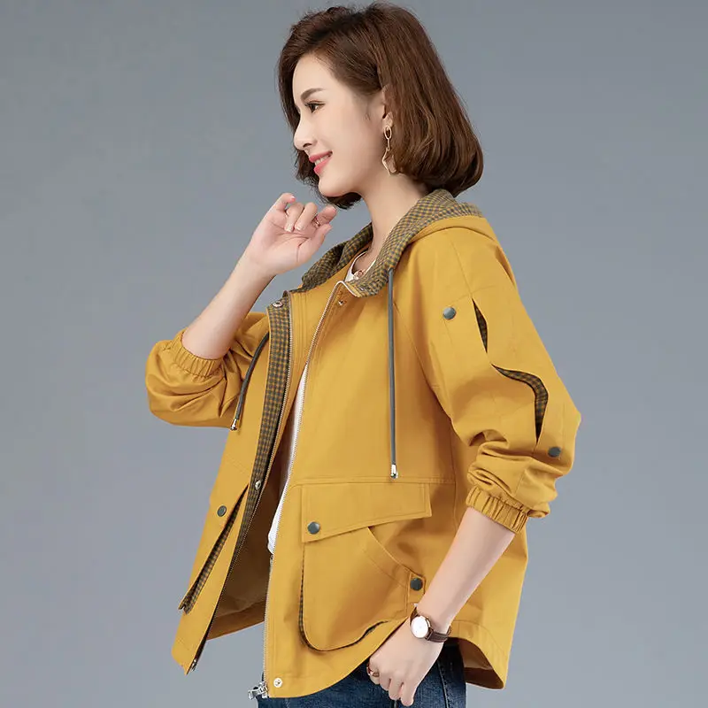 Women Spring Autumn Short Hooded Jacket 2024 Female New Korean Loose Coat Small Mother Casual Splicing All-match Cotton top A620