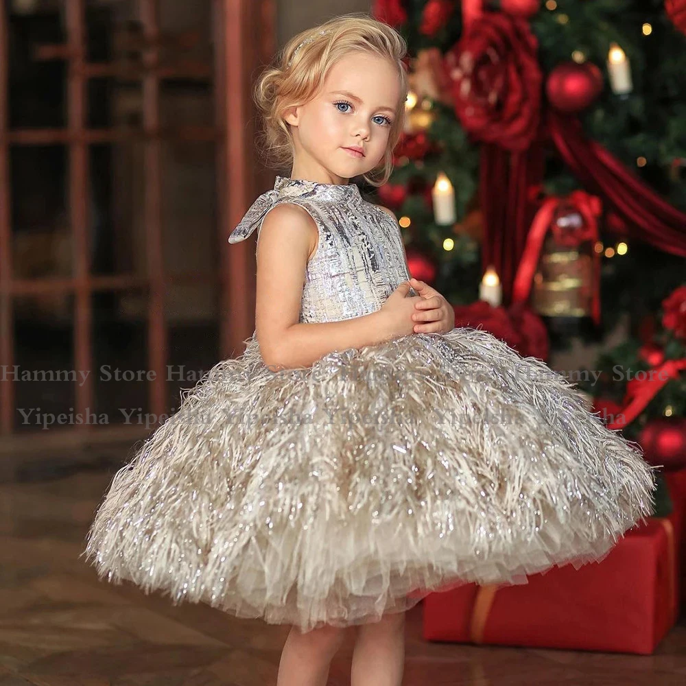 Yipeisha Feather Flower Girl Dress O Neck Sleeveless Ball Gown Birthday Party  for Girls Child  First Communion 