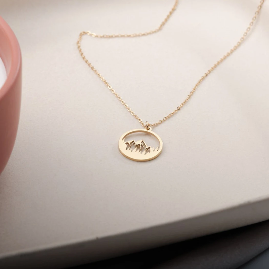 Mountain Necklace for Women Girls Gold Plated Hollow Mountain Charm Disc Pendant The Mountains Are Calling Wanderlust Jewelry