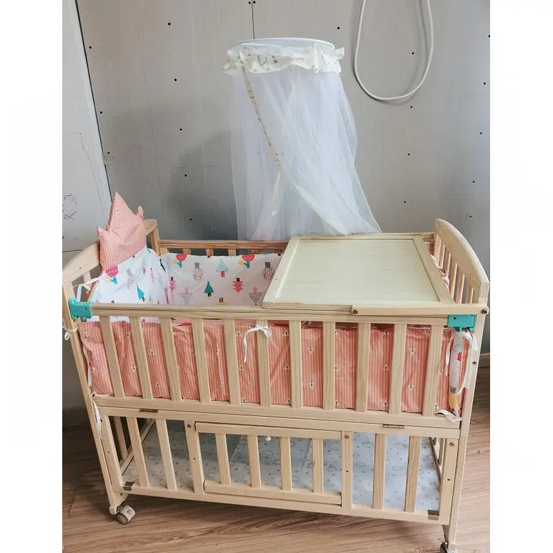 Solid Pine Wood Baby Crib Stitching Big Bed, Multifunctional Kid Cot Can Extend To 168cm Suit For Elder Children