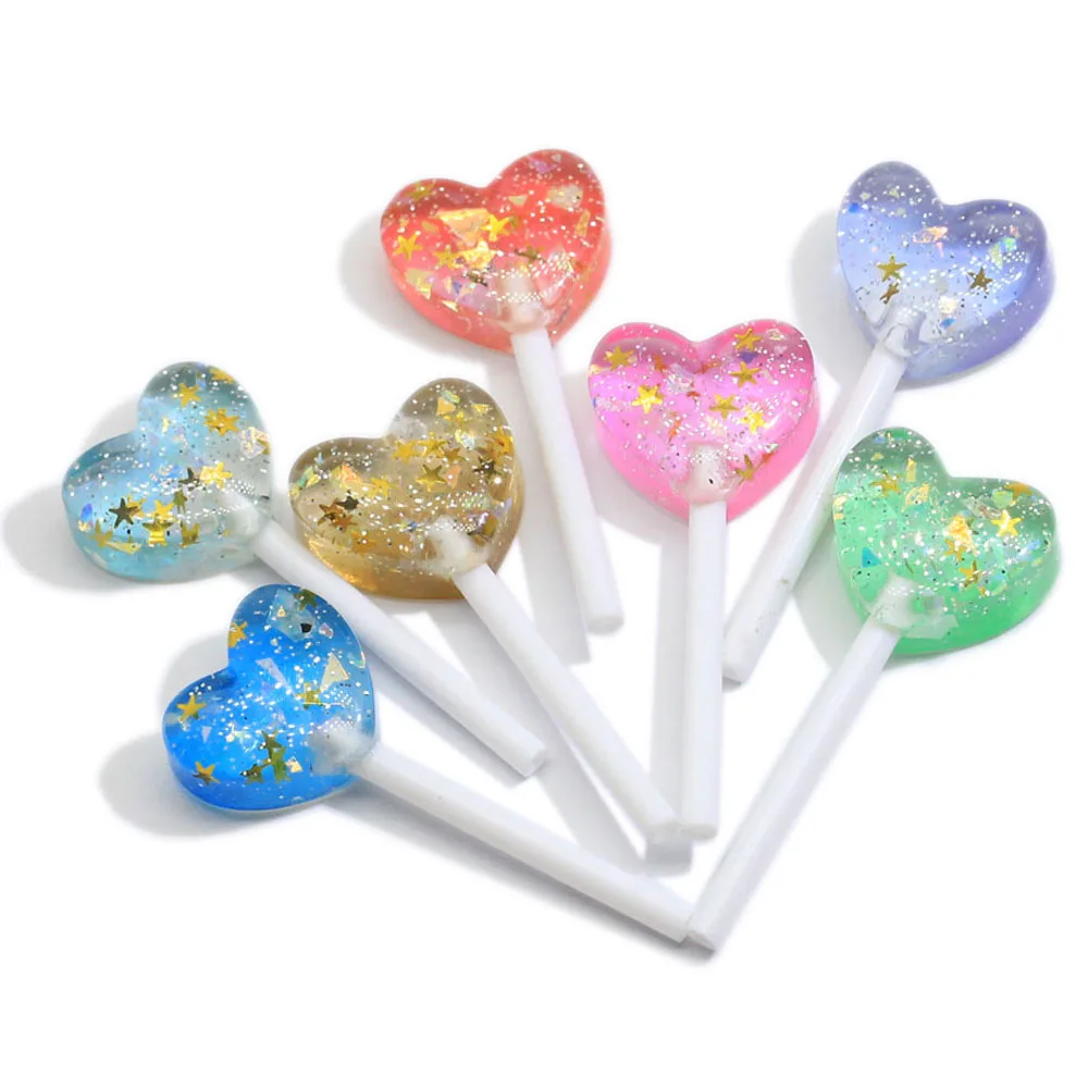 Newest Resin Gradient Glitter Shiny Colorful Heart Lollipop Cabochon Scrap Booking Diy Phone Case Embellishments