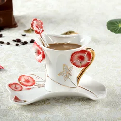 Morning Glory Flower Coffee Mugs With Saucer Spoon 3D Handmade Porcelain Cups Hot Breakfast Tea Water Bottle Christmas Gift