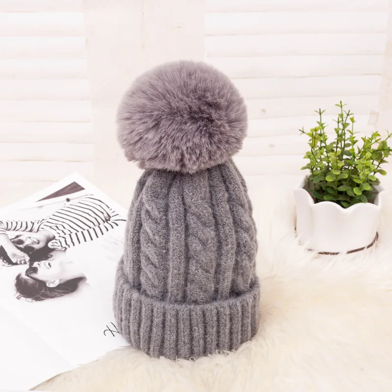 Fashion Knitted Winter Hat Striped Women\'s Winter Hats 2022 Pink Fur Pompom Wool Beanies Thick Skullies Cap Faux Pom pom Hat