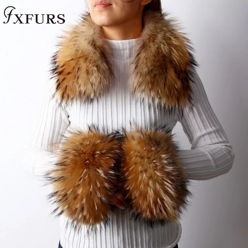 2020 New Fox Fur Collars Real Fur Cuffs Raccoon Fur Scarves a Set Winter Warm Fur Scarves Cuffs Match Cashmere Overcoats 