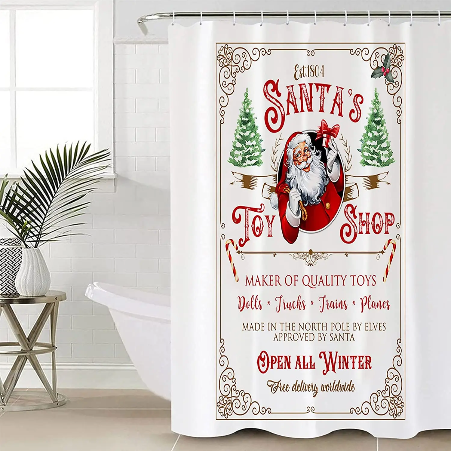 Colorful Christmas Shower Curtain Santa Claus Toy Shop, Merry Pirate Ship Home Decor