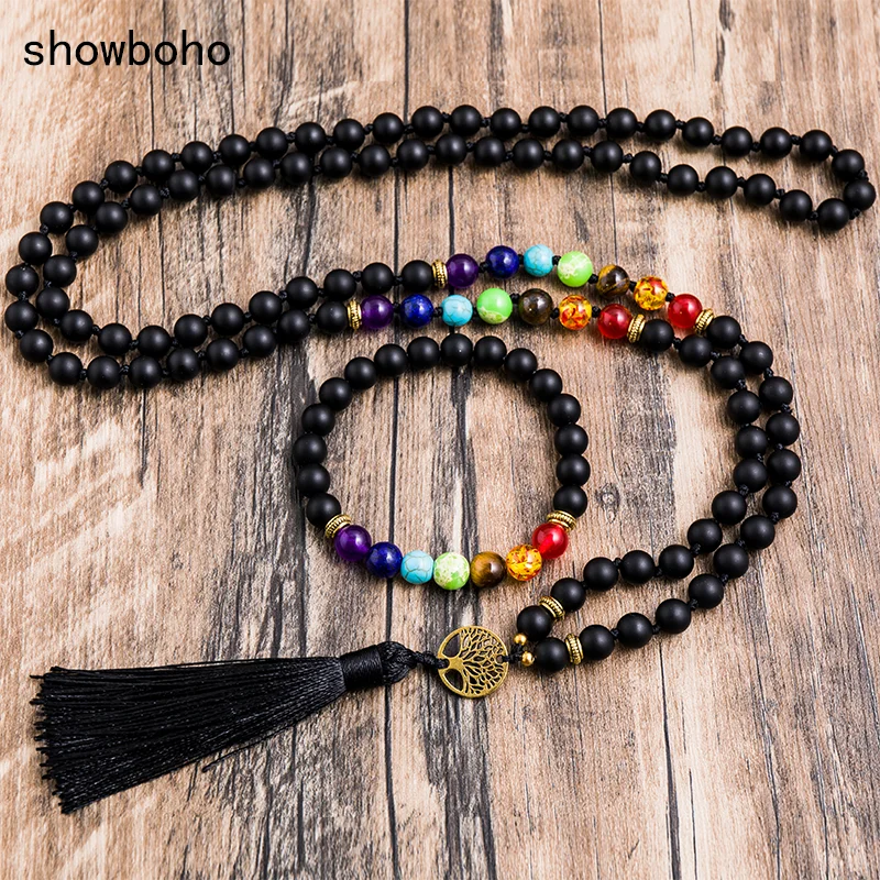 8mm Matte Black Onyx 7 Chakra Beaded Knotted 108 Mala Necklace Meditation Yoga Spirit Luckly Energy Jewelry Japamala Sets