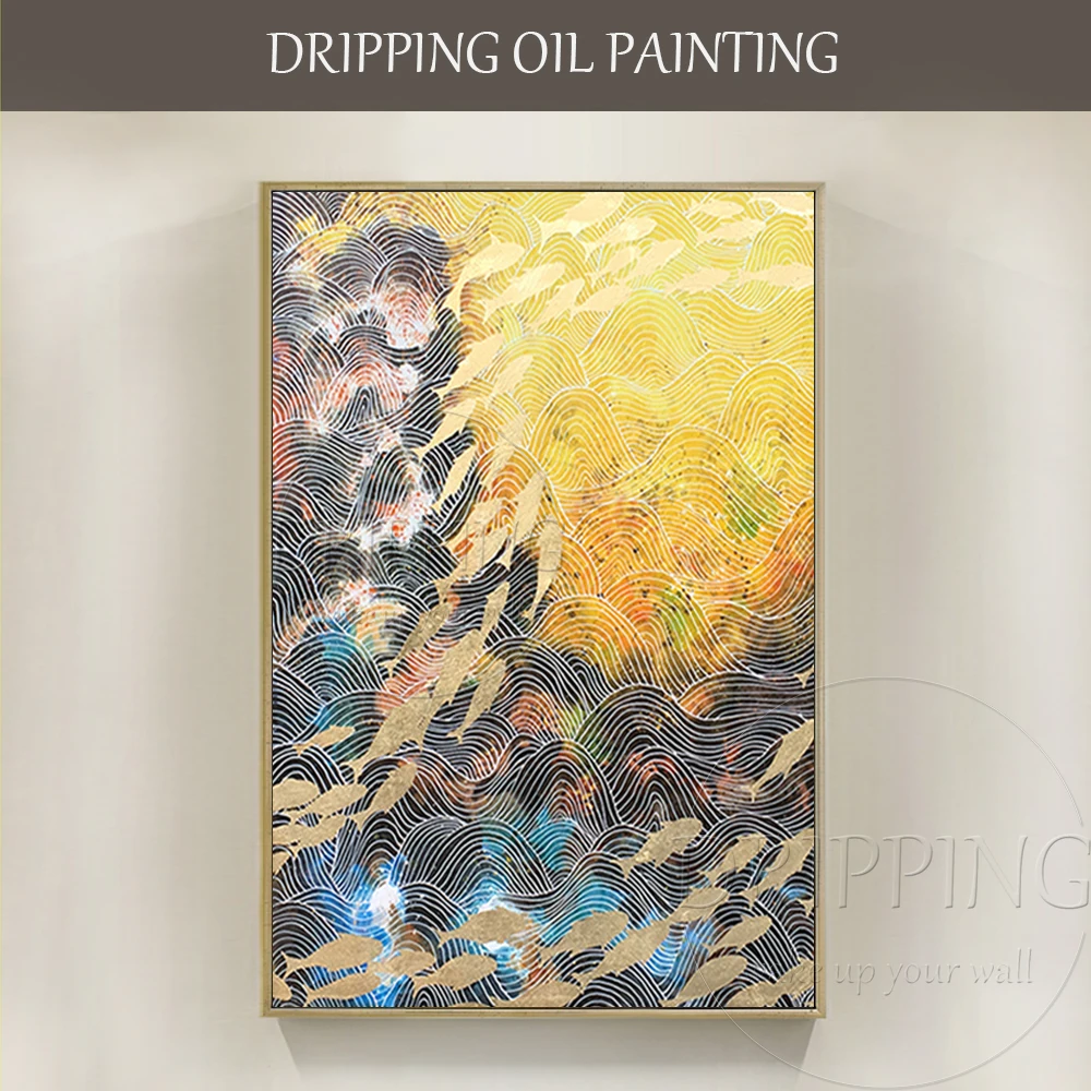 

New Arrivals Hand-painted Abstract Modern Golf Fishes Oil Painting on Canvas Beauty Wall Art Golden Foil Fishes Oil Painting