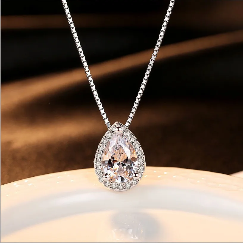 Water Drop 3ct Lab Diamond Pendant Real 925 Sterling Silver Party Wedding Pendants Chain Necklace For Women Bridal Charm Jewelry