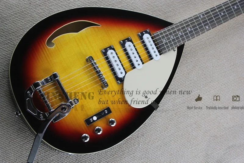 Factory Custom Electric Guitar Bass,VO Guitar,Semi-hollow Sunburst Water drop Body, Tremolo Bridge