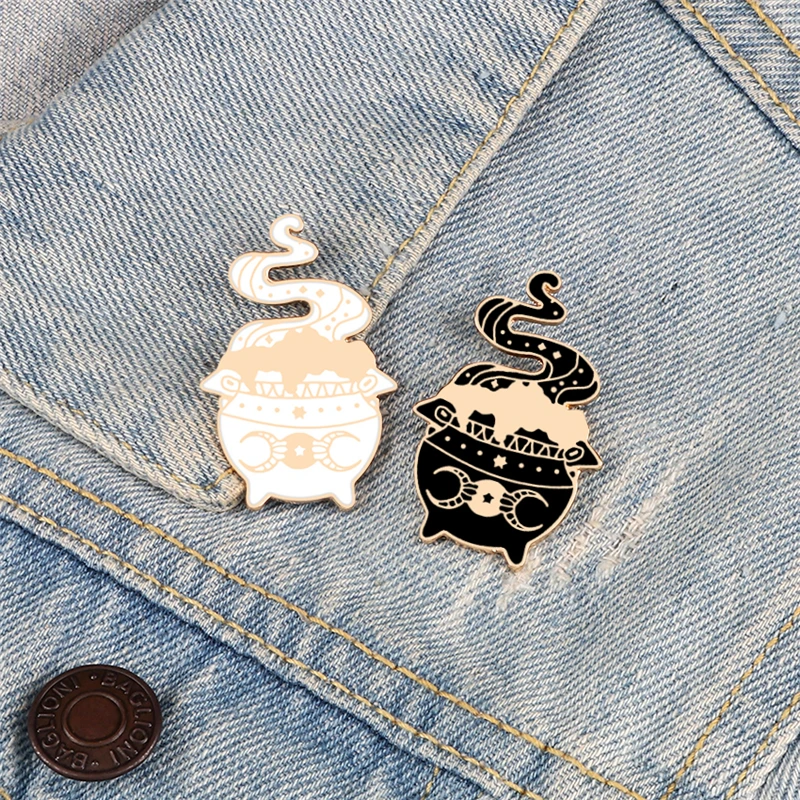 Witch Magical Stove Brooches Cartoon Creative Pins Bag Shirt Denim Lapel Pin Custom Badges Fashion Jewelry Gifts for Women Kids