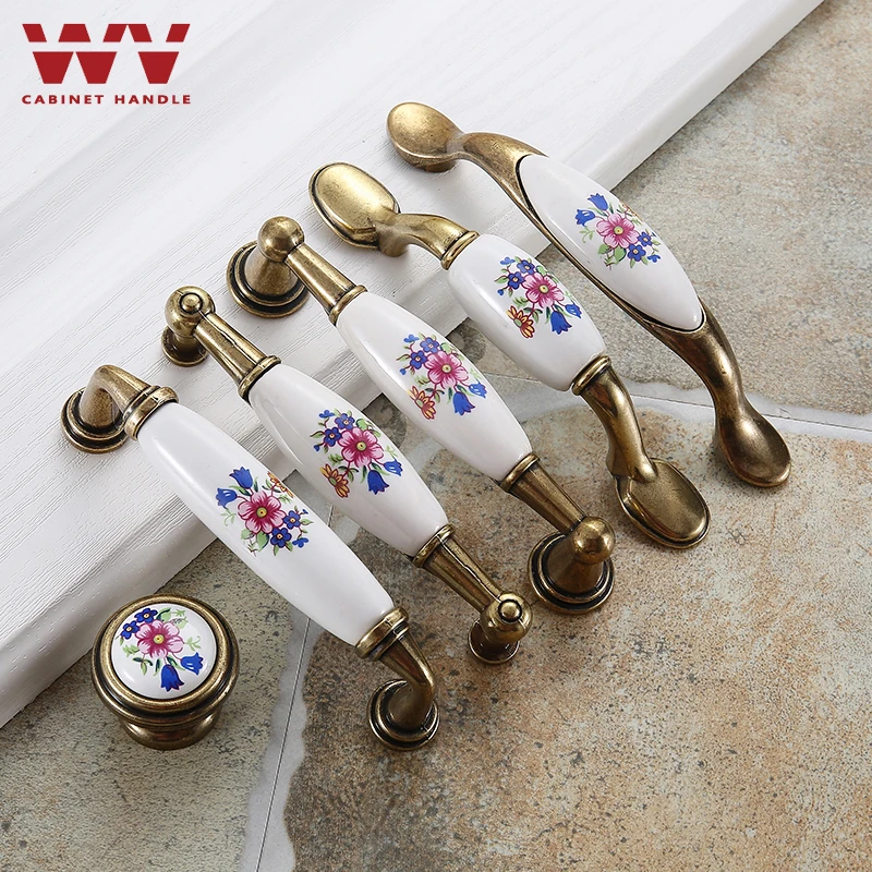 WV Flower Ceramic Kitchen Cabinet Storage Handle Closet Dressers Vintage Cabinet Wardrobe Ceramic Door Knobs Cabinet Handles