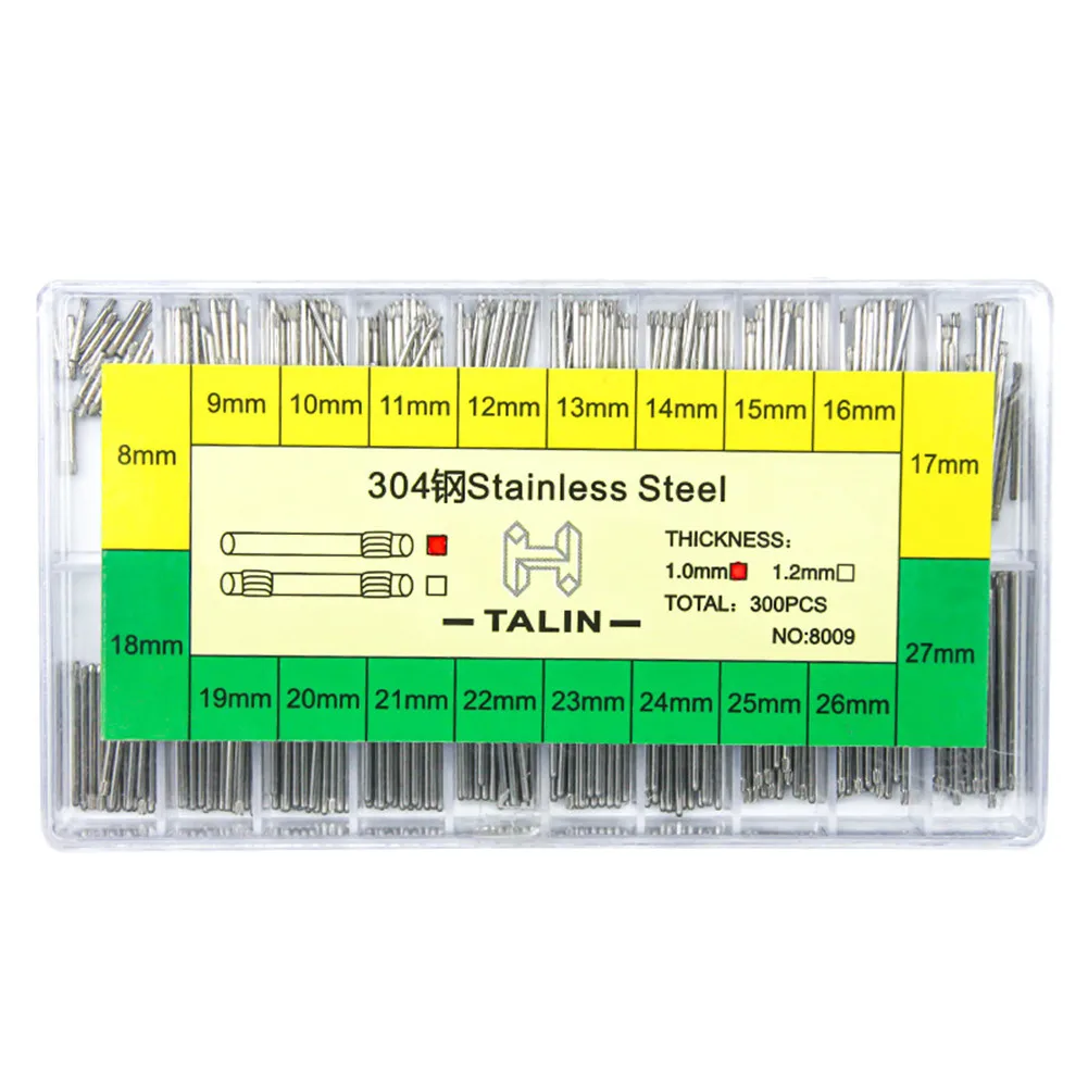 300Pack 1.2/1.0Mm 8-27Mm Roestvrij Stalen Horloge Band Spring Bar Armband Link Pin Wathcmaker onderdelen No.8009