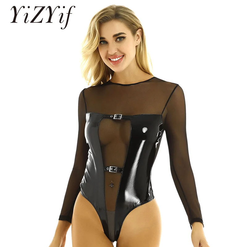 Womens Bodysuit Een Stuk Wetlook Lakleer Lange Mouwen See Through Sheer Mesh Splice Thong Turnpakje Nachtkleding