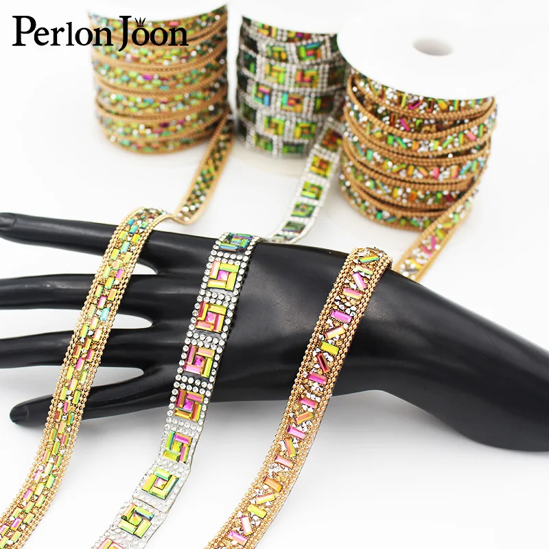 1 yard glittering Laser color glass strips arranged crystal ribbon rhinestone trim hot fix DIY ironing dress decoration TR119