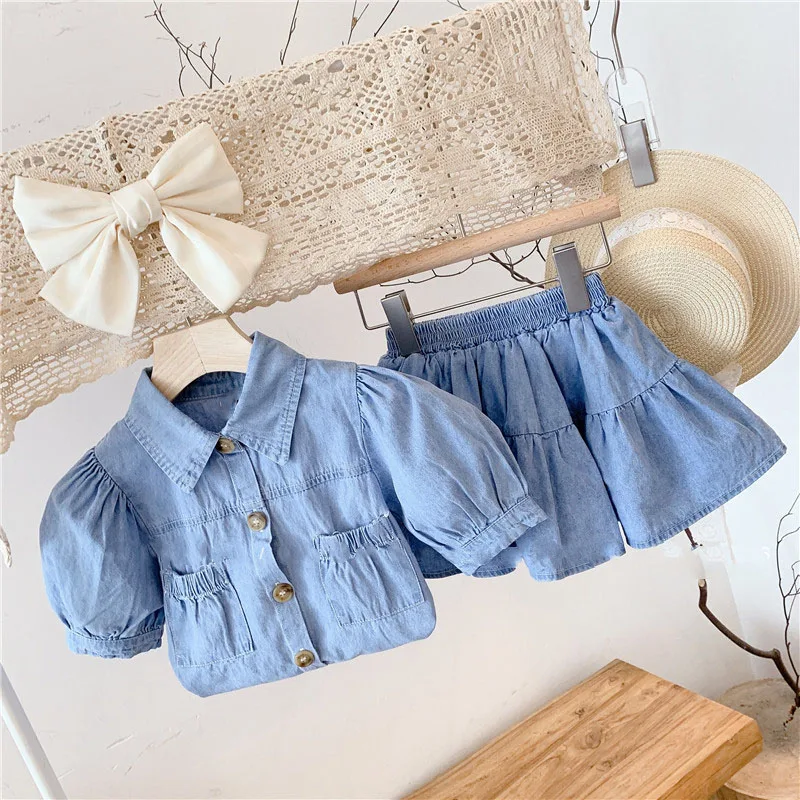 Summer Girls\' Clothing Sets fashion Lapel Pocket Denim Puff Sleeve Top + Skirt 2Pcs Baby Kids Clothes Suit Children Clothing