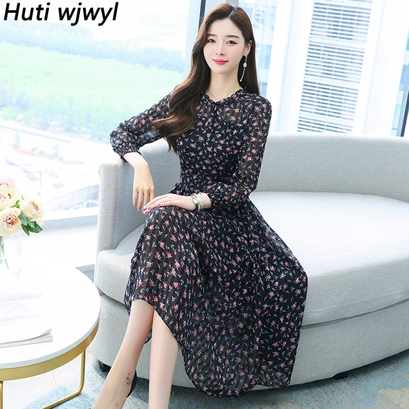 Vrouwen Bloemen Chiffon Casual Strand Boho Zonnejurk 2024 Elegante Lange Mouwen Feest Vestido Lente Herfst Vintage Bodycon Midi Jurk