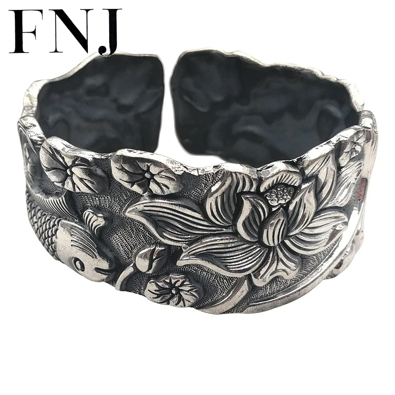 

FNJ 990 Silver Bangles for Women Jewelry 100% Original S990 Sterling silver Bangle Fish Lucky Lotus Flower