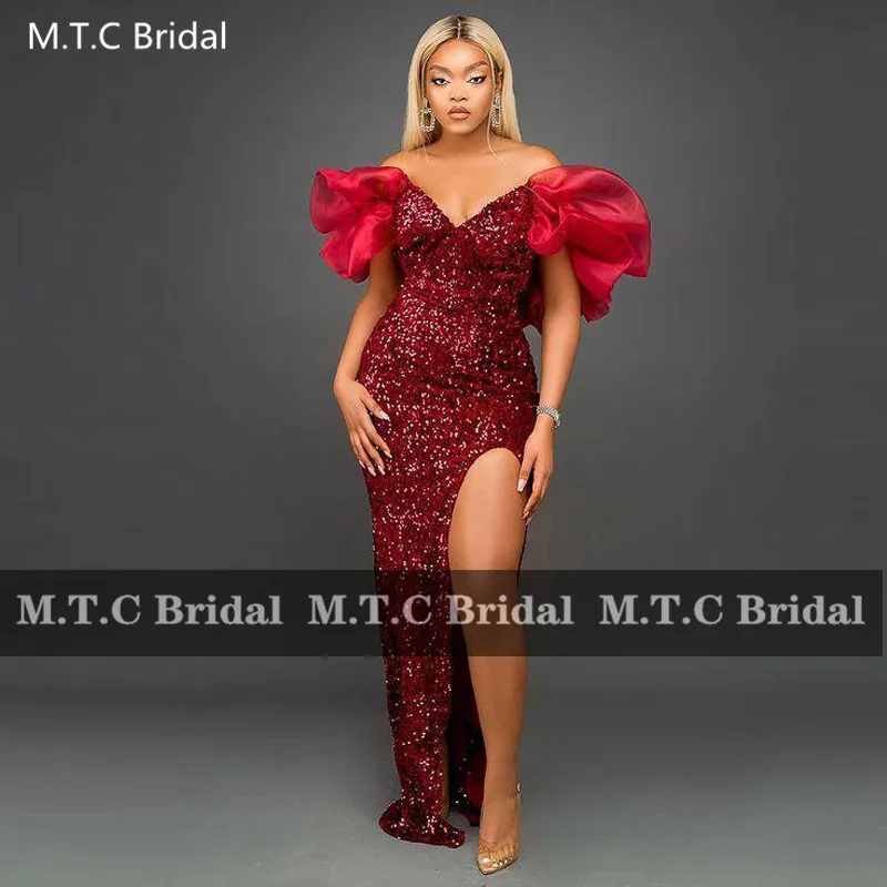 Lovely Burgundy Prom Dresses For Black Girls Straight High Slit Off The Shoulder Sparkly Sequins Wedding Party Gowns Plus Size