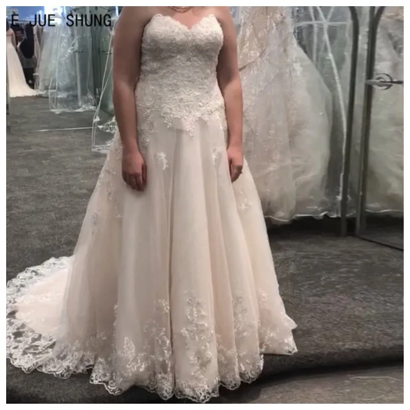 E JUE SHUNG-vestidos de novia elegantes de encaje, sin mangas, con apliques, talla grande, línea A, vestido de novia