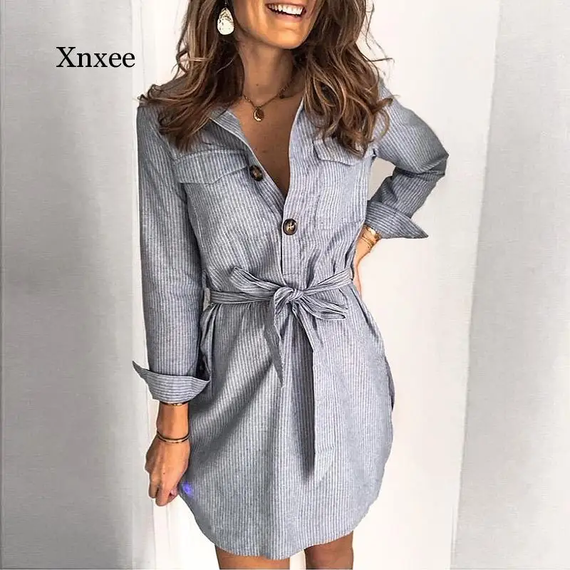 

Women Long Sleeve Striped Sashes Shirt Dress 2020 Autumn Winter Polo Collar Irregular Office Dress Button Casual Shirt