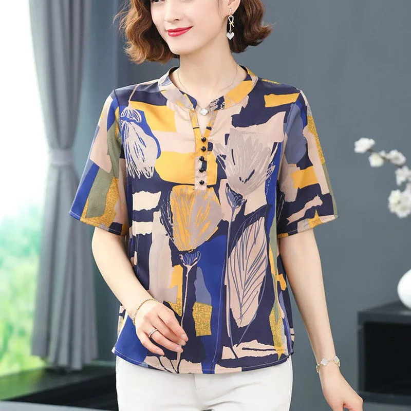 

Summer Chiffon Women Blouses Fashion Shirts Stand-Up Collar Retro Hong Kong Style Tops Short Sleeve Printe Casual Blusas MM0233